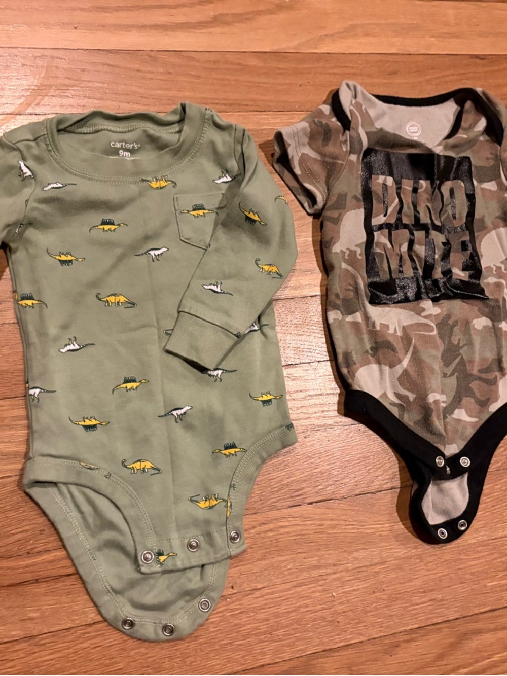 2 dinosaur Onesies Carter's Olive Green Dino Print & Camo One-Piece Bodysuits